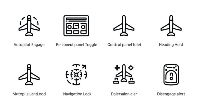 Aerospace Interface Icons: A set of detailed interface icons designed for aerospace and flight control systems, visually representing various functionalities and features for pilots and technicians.