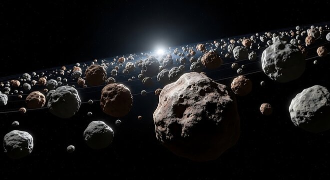 Many rocky asteroids floating in deep dark space with a bright sun shining in the far distance view. astroid belt 