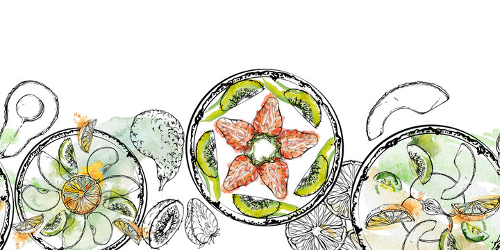 Seamless border with green smoothie bowls topped with kiwi, apple and cucumber, sliced avocado, citrus wheels, red strawberry accents. Hand drawn in watercolor, ink. Detox menus, wellness branding
