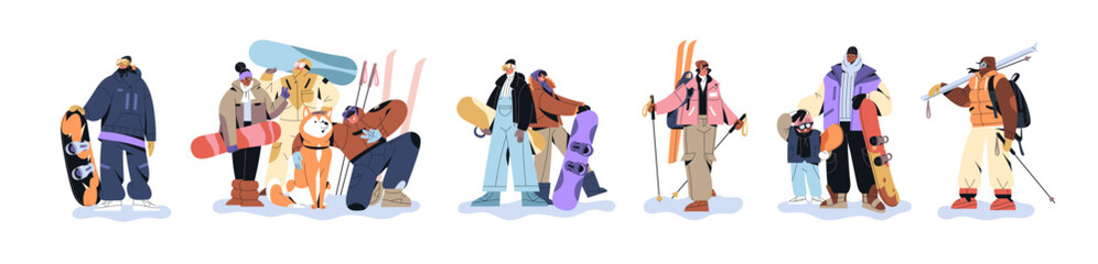 Naklejka premium People with skis and snowboards set. Group of skiers with equipment. Friends, couples and families are riding on snow board, do sports in winter. Flat isolated vector illustrations on white background