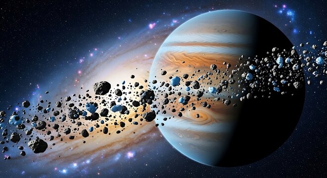 Large gas giant planet with a thick ring of floating asteroids and space rocks in deep dark galaxy. astroid belt 