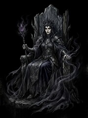 Obraz premium Dark fantasy queen sitting on an ornate throne holding a magical staff.