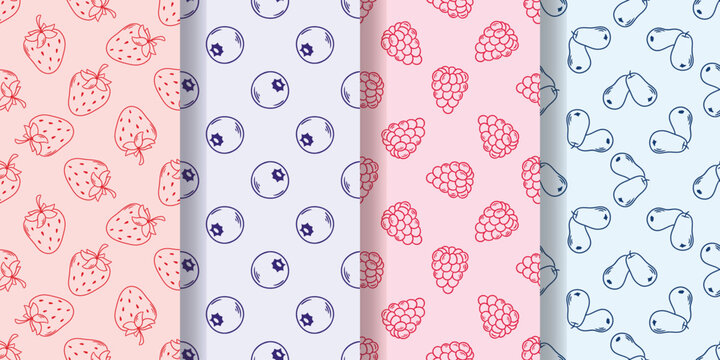 Set of summer berry prints. Hand-drawn strawberries, raspberries, blueberries and honeysuckle on delicate backgrounds. Seamless pattern for textiles, covers, packaging and paper. Vector graphics