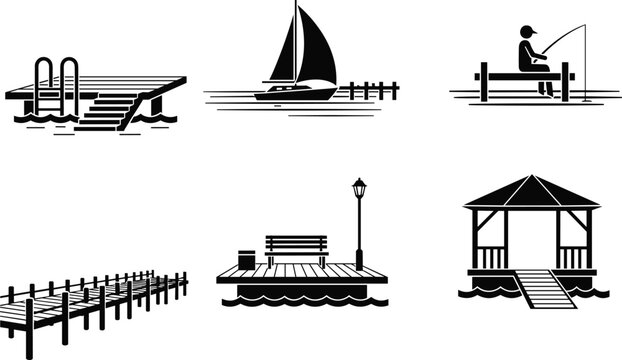Waterfront pier and dock icons set with fishing man sailboat gazebo bench ladder silhouette vector for lake recreation design