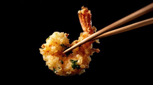 crispy golden tempura shrimp lifted with chopsticks, macro crunch texture, clean minimal background, Japanese cuisine aesthetic