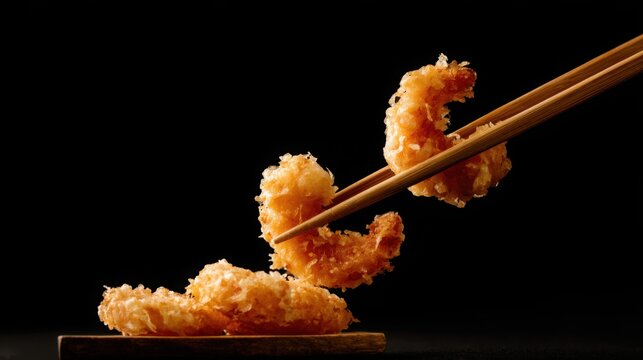 crispy golden tempura shrimp lifted with chopsticks, macro crunch texture, clean minimal background, Japanese cuisine aesthetic