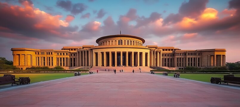 Breathtaking Wide Angle View of the Indian Parliament Building at Sunrise with Stunning Cloudscape