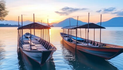 Obraz premium Serene Sunset Over Calm Lake in Thailand with Silhouetted Boats - A Perfect Tropical Vacation Scene