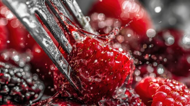 crushing berries with fork juice splashing texture preparation of jam close up natural light