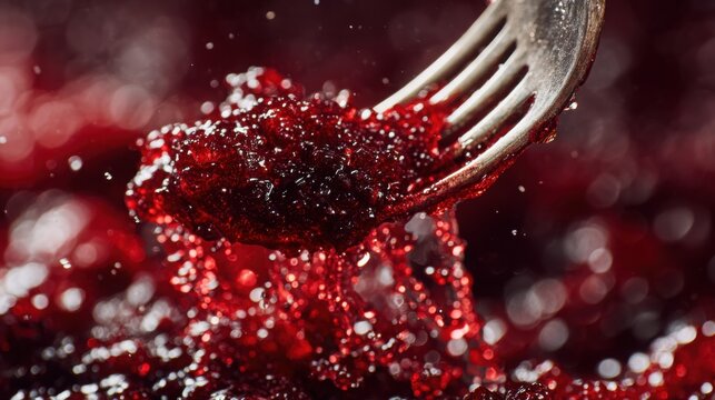crushing berries with fork juice splashing texture preparation of jam close up natural light