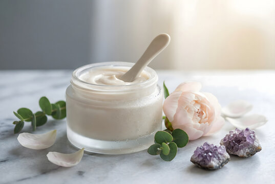 Close-up of a transparent glass skin care jar with no label on a background of raw marble with thin gray veins. The composition consists of one peony, eucalyptus leaves, and two raw amethyst geodes