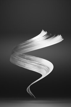 3D white spiral stroke floating in monochrome dark studio