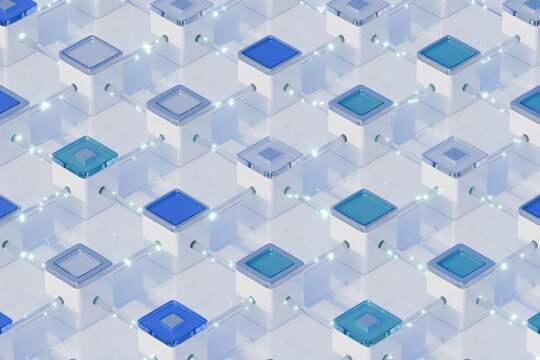3D blue signal cube pattern with linked modules and white glow