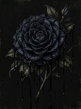 Dark Gothic Black Rose Flower Illustration with Melting Ink Effect.