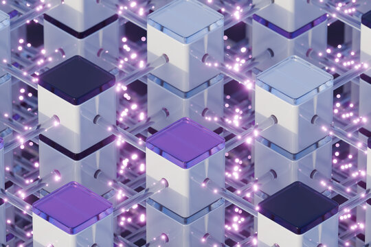 3D violet data cube network with glowing link and soft spark