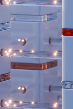 3D fiber optic cube detail with glowing tube and glass edge