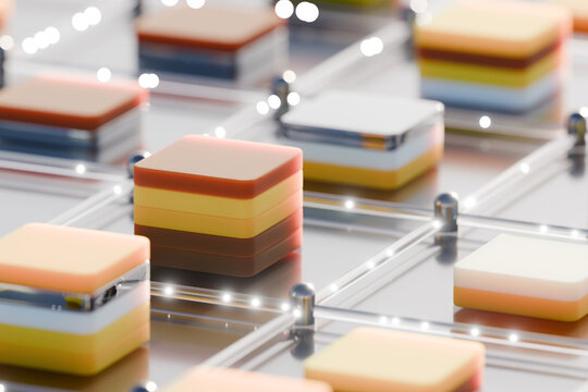 3D layered tech tile with glowing track on glossy matrix