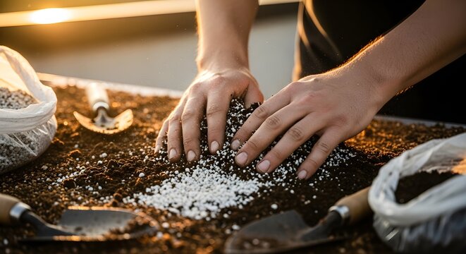 Hands mixing white perlite into dark potting soil for indoor gardening and plant propagation at sunset