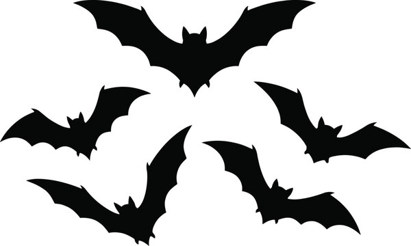Black bat silhouettes flying in a circular pattern against a white background bats