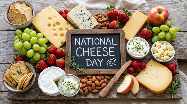 A variety of cheeses, fruits, and nuts are arranged on a wooden board for National Cheese Day celebration.