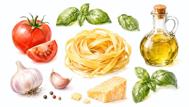 Watercolor cooking ingredients clipart set with pasta, tomato, basil, garlic, parmesan and olive oil, illustration isolated on white background, for culinary blog