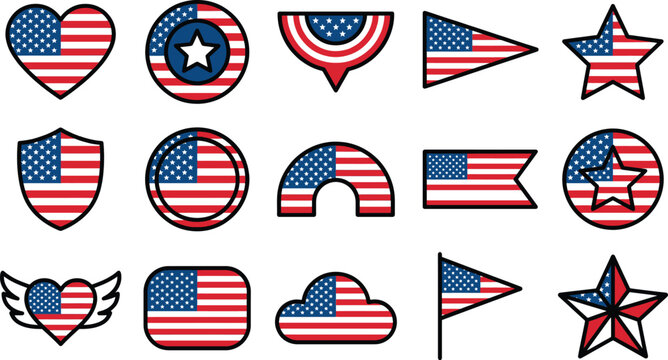 Collection of american flag themed and shapes including heart shield circle star and banner united states