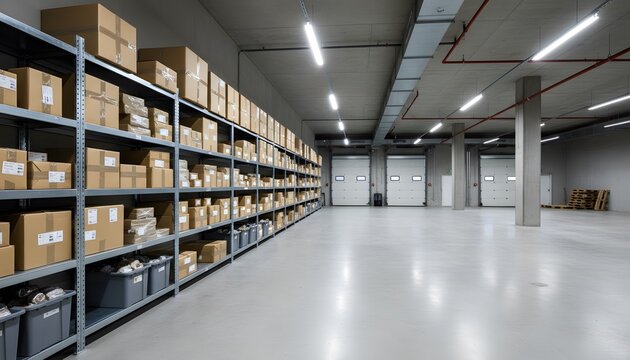 Urban delivery storage room with selectively placed parcels and open floor space for flexible logistics operations