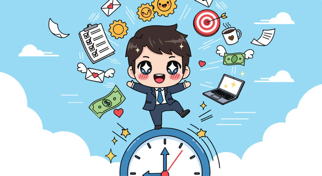 Cute cartoon businessman sitting on a large clock with flying money and financial symbols in a bright sky background