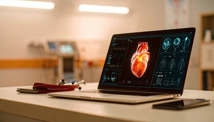 Fototapeta premium Modern laptop displaying a detailed 3D human heart and cardiac data in a clinic. A metaphor for the future of medicine, digital innovation, and advanced diagnostic healthcare technology.