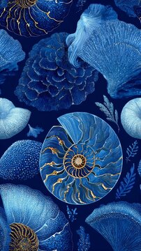 Seamless textile pattern with detailed ammonite fossils and nautilus shells on deep indigo background, evenly spaced elements with light blue and white textures, high-end digital fabric design