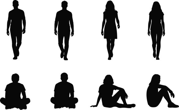 Black silhouette illustration of human figures in standing and seated poses, walking forward or sitting relaxed, emphasizing posture, gesture, movement, and body outline reference