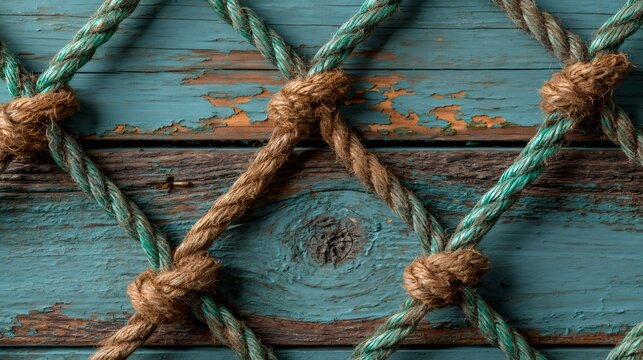 Fishing net with ropes creating nautical pattern on weathered wood