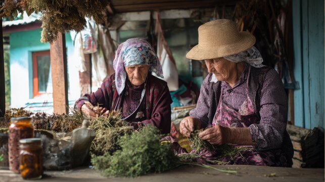 elderly women selling herbs and homemade goods roadside market authentic rural scene natural light