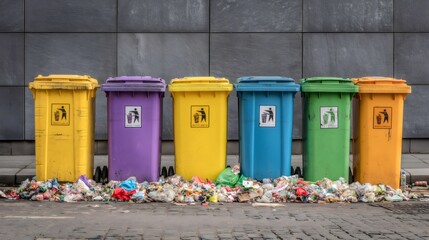Obraz premium Row of colorful recycling bins overflowing with garbage