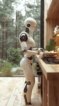 Realistic photo of a humanoid robot with a sleek white body and black mechanical details preparing food in a modern kitchen overlooking a forest.