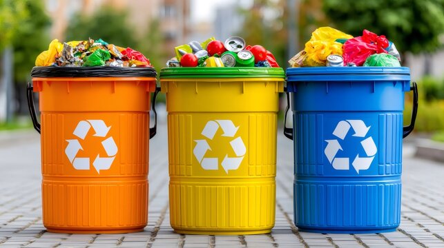 Colorful recycling bins full of sorted garbage outdoors