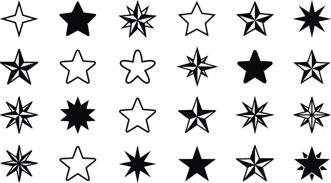 Collection of black and white star shapes and compass rose stars symbol