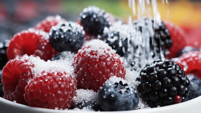 Raspberry blueberry mix with sugar granules close up macro showing fresh ripe sweet berries sparkling with sugar crystals and water splash in white bowl vibrant juicy berry dessert texture