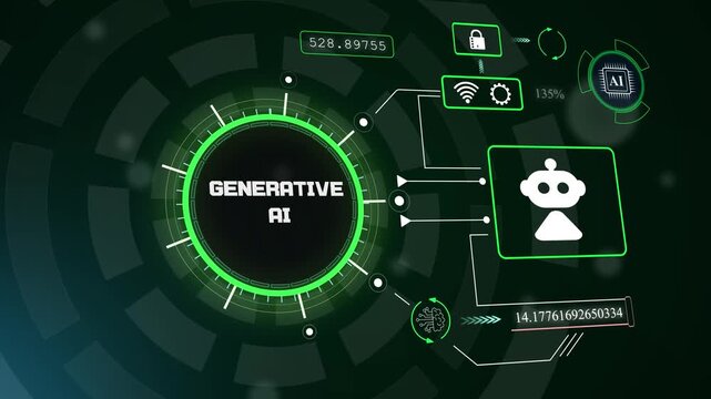 Futuristic generative AI interface featuring robotic assistant icon for advanced neural network and creative automation, hud animation