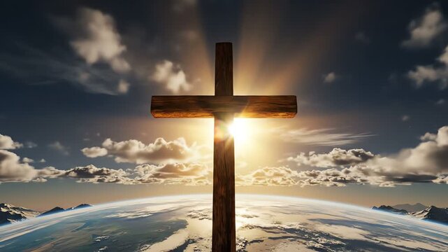 Silhouette of a cross against a sunburst sky over planet Earth