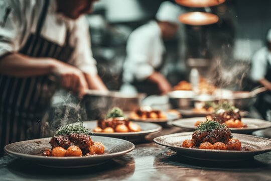 Busy restaurant pass with plated mains being garnished and served by chefs in a heated commercial kitchen for menu and hospitality visuals