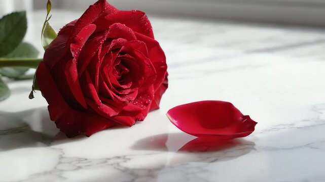 Single red rose with water drops on marble surface, soft light