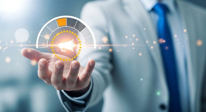 Businessman holding a holographic megaphone icon for digital marketing and announcement concept