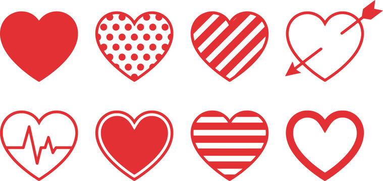 Eight red heart with various patterns and on white background symbol love valentine