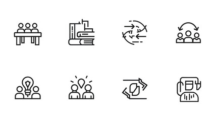 Fototapeta premium Concept Icons: A collection of concise line art icons, each representing core business concepts, innovation, and teamwork. Ideal for illustrating ideas, strategies, and solutions.