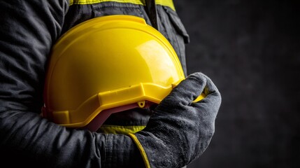 Fototapeta premium Construction worker holding yellow safety hard hat