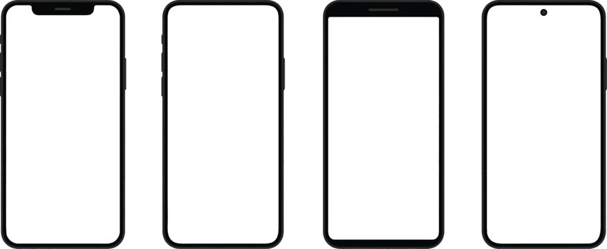 Four black framed smartphones with blank white screens displayed side by side mobile phone device technology