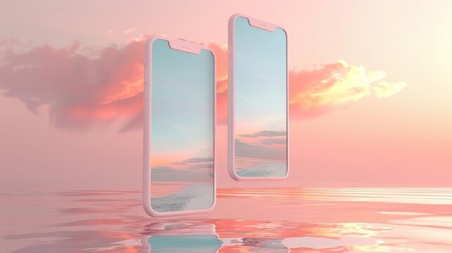 Surreal 3D render of two pink smartphones levitating above a calm sea surface at sunset. The screen reflects a beautiful pink sky with soft clouds, creating a peaceful and creative atmosphere for app 