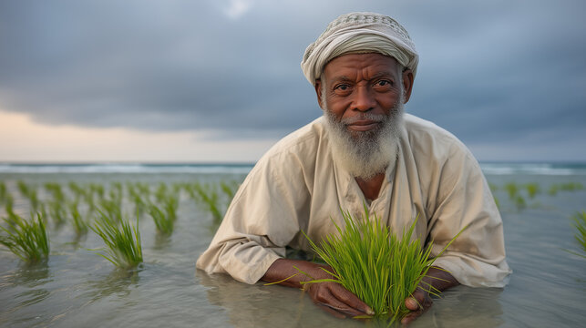 Gene edited salt tolerant rice variety being trialed in coastal paddy fields, an elderly male farmer wading in shallow brackish water inspecting tillering plants, nets protecting experimental plots,