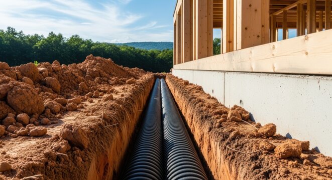 Black plastic drainage pipes installed in a deep trench with wooden building foundation and dirt piles